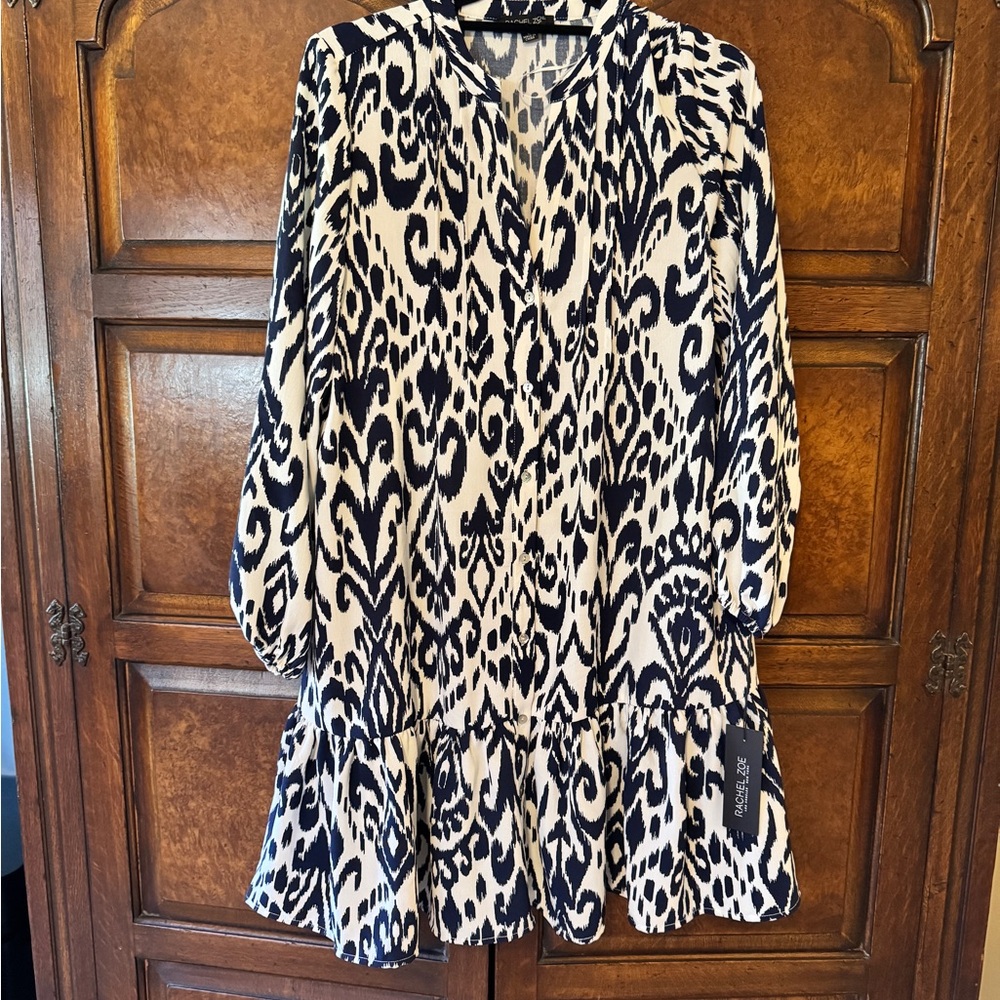 NWT Rachel Zoe Navy and White Printed V-Neck Ruffle Hem Dress